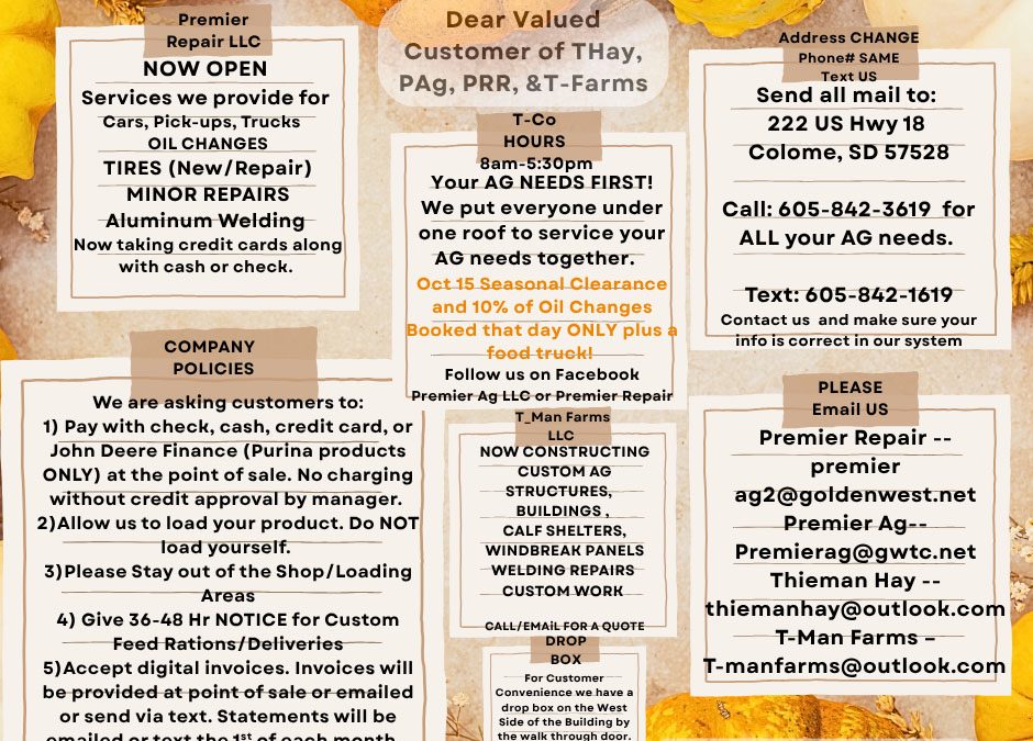 Dear Valued Customer of THay, PAg, PRR, & T-Farms